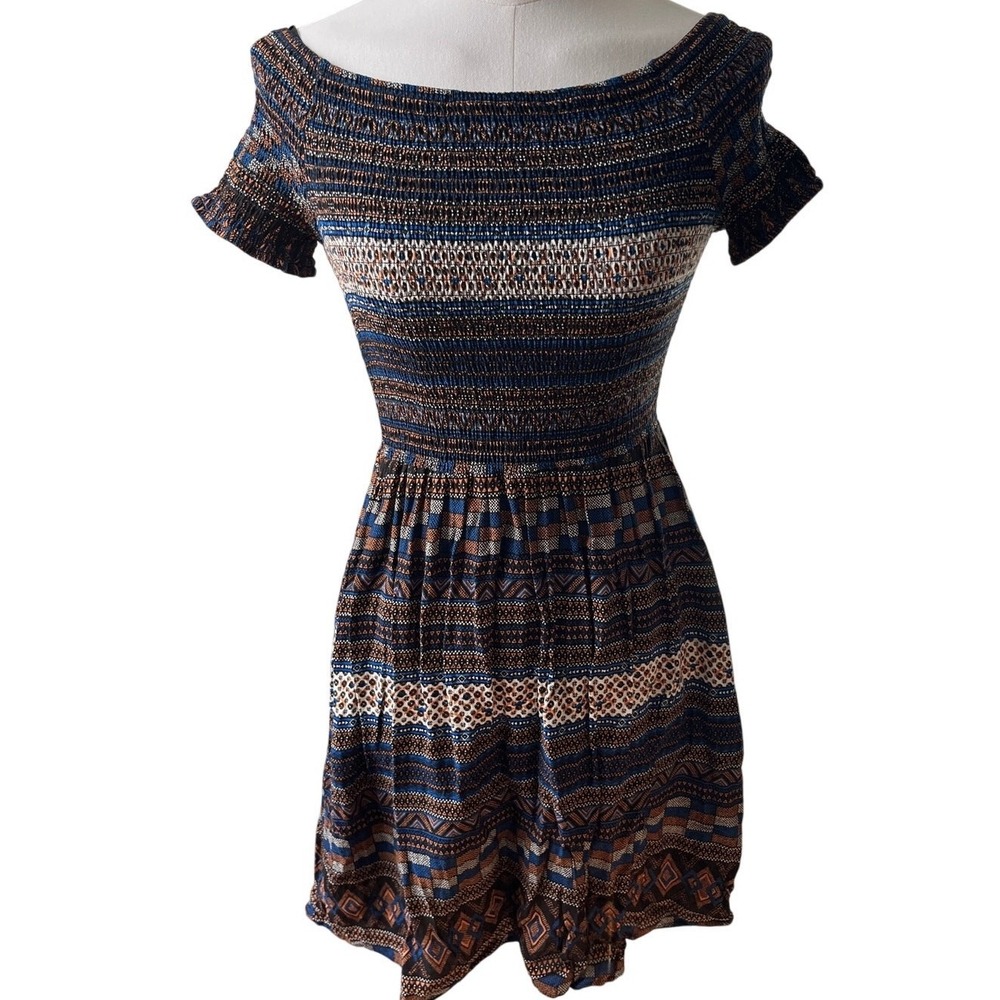 Boho Festival Off Shoulder Smocked‎ Mini Dress Tribal Print Rayon BlueH Ciel S